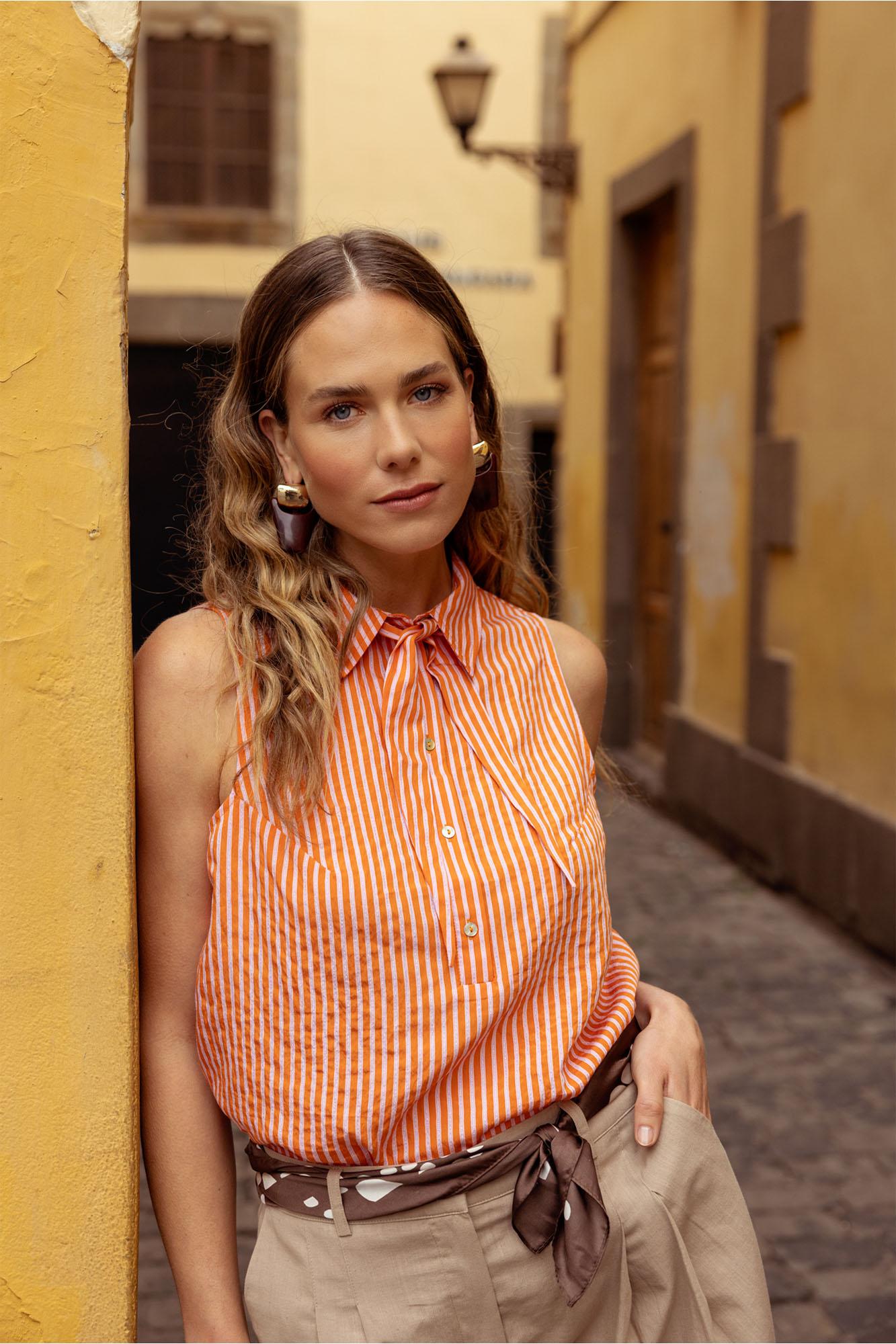 Studio Anneloes Kimmy Stripe Poplin Blouse 13907 Blouse 2644 Orchid Orange/pop Pink