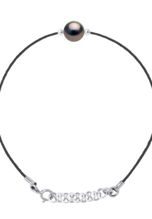 Armband Liefdeslinks in Gedraaid Nylon van Zwarte Kleur versierd met een Echte Gecultiveerde Tahiti Parel Rond 8-9 mm