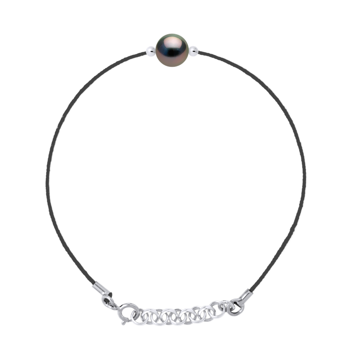 Armband Liefdeslinks in Gedraaid Nylon van Zwarte Kleur versierd met een Echte Gecultiveerde Tahiti Parel Rond 8-9 mm