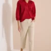 Blouse met 3/4 mouwen en gespleten hals in effen kleur
