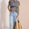 Blouse met korte mouwen en patchworkprint