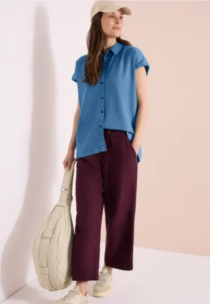 Blouse met overhangende schouders in denimlook