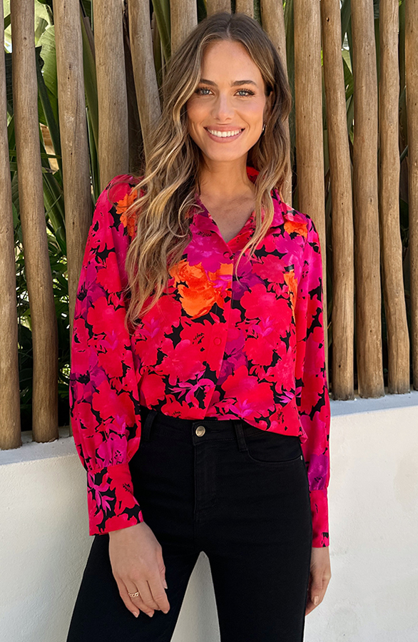 Botanical Floral Blouse Rood Roze - Afbeelding 2