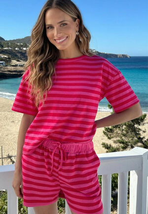 Cotton Stripe Oversized Top Pink Red