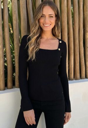 Alternative view of Gold Button Ribbed Knit Top Black
