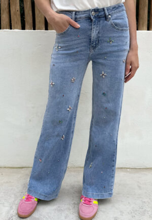 Strass Jeans Bloemen Blauw