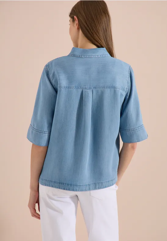 Overhemdblouse met korte mouwen in denimlook - Afbeelding 3