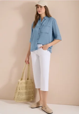Overhemdblouse met korte mouwen in denimlook