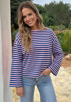 Oversized Gestreepte Katoenen Top Kobalt Roze