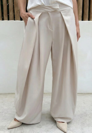 Pleated Wide Leg Pantalon Beige
