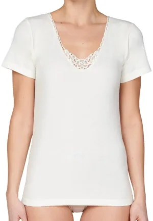 Entex dames thermo shirt korte mouw met kant - Wollen thermisch ondergoed dames