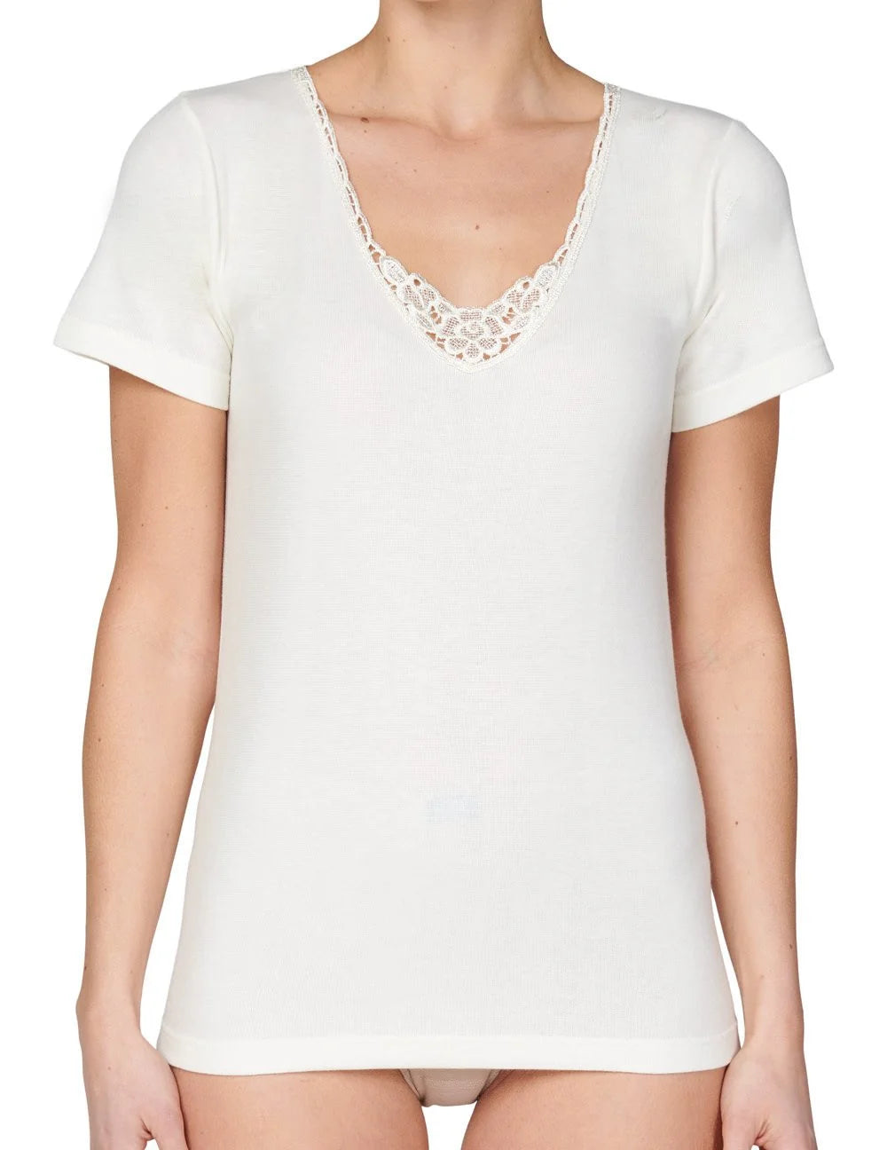 Entex dames thermo shirt korte mouw met kant - Wollen thermisch ondergoed dames
