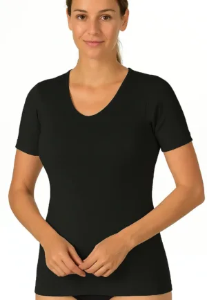 Entex dames thermo T-shirt korte mouw - Diepe ronde hals - Warm Wollen ondershirt