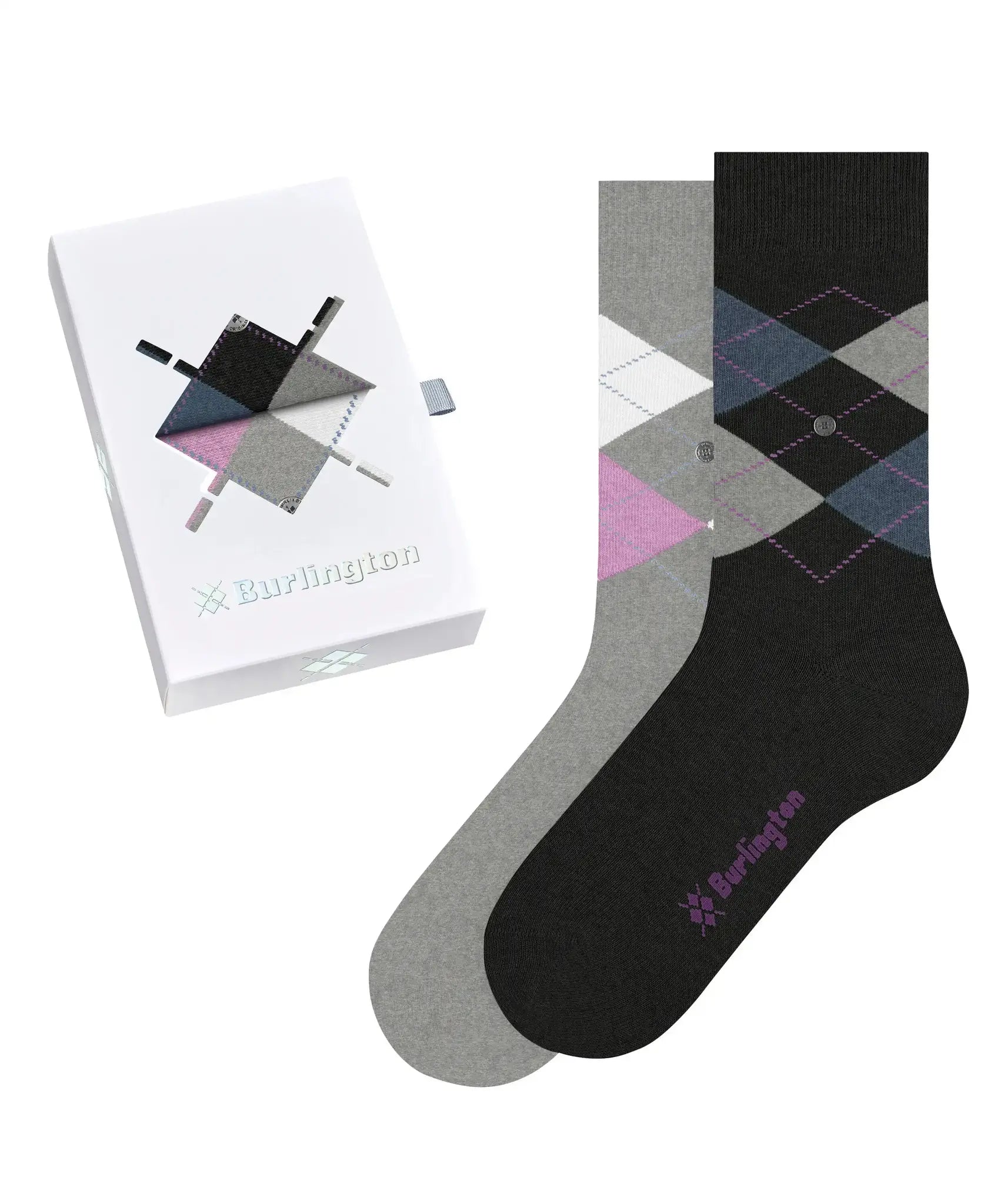 Burlington 2-paar dames sokken - Cadeau verpakking - Biologisch katoenen sokken met ruit print