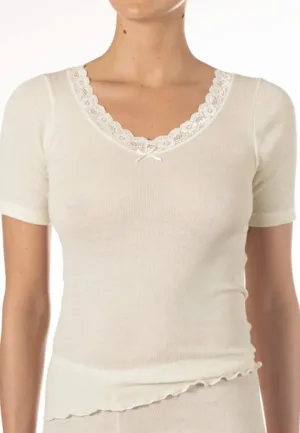 Dames wollen T-shirt met kant - Merino wollen thermo ondergoed korte mouw