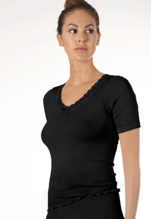 Dames wollen T-shirt met kant - Merino wollen thermo ondergoed korte mouw