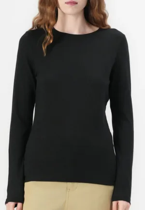 Dames ondershirt lange mouw - Long Tee - Katoenen T-shirt lange mouwen - Wit - Zwart