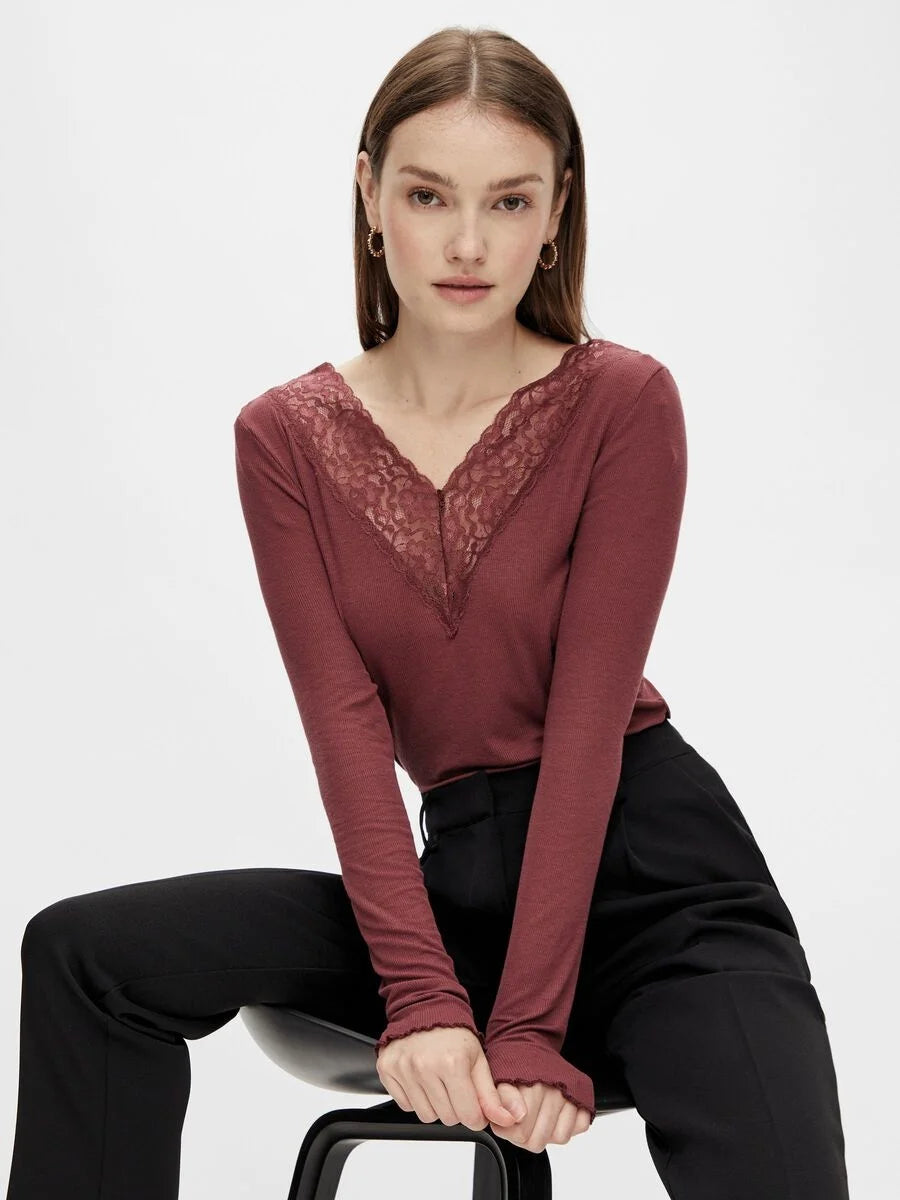 Dames shirt Kant lange mouw - Siri - Zwart Viscose dames ondershirt lange mouw