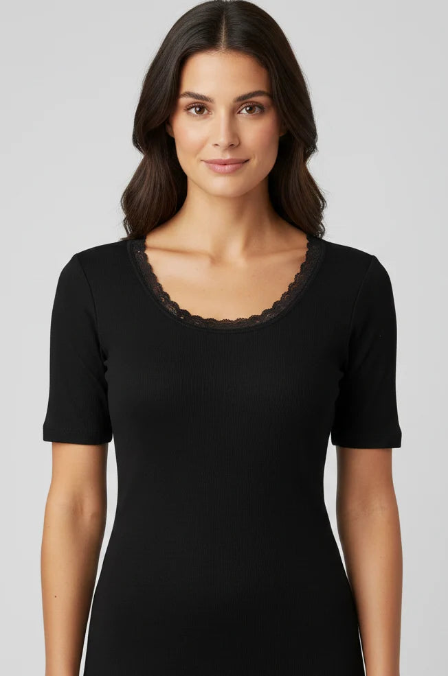 Ten Cate dames thermo shirt korte mouw - Kant - Warm thermo ondergoed dames - Diepe hals