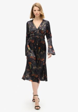 Jacquard Midi-jurk met Wijduitlopende Mouwen Zwart Grootte: 38