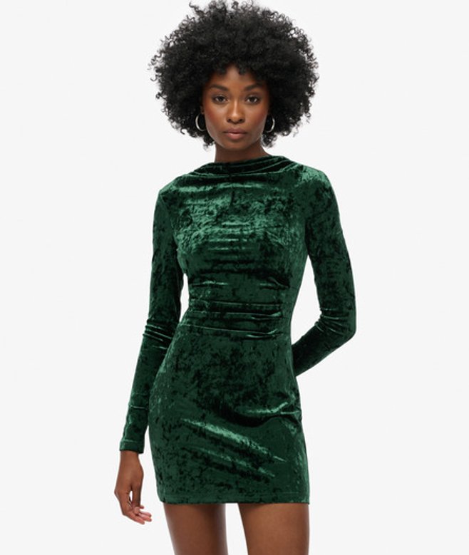 Fluwelen Mini-jurk met Lange Mouwen Groen Grootte: 42