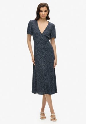 Bedrukte Midi-teadress met Knopen en Korte Mouwen Blauw Grootte: 36