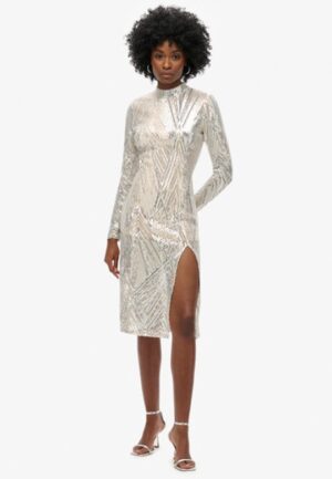 Midi-jurk met Open rug en Lange Mouwen Silver Grootte: 44