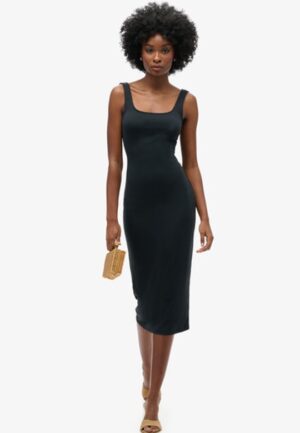 Jersey Midi-jurk met Vierkante Hals Zwart Grootte: 36