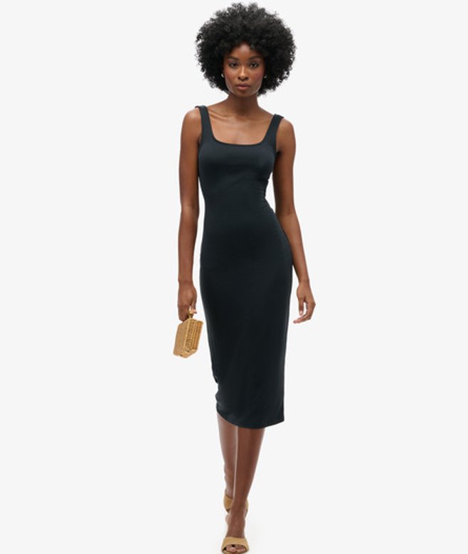 Jersey Midi-jurk met Vierkante Hals Zwart Grootte: 38
