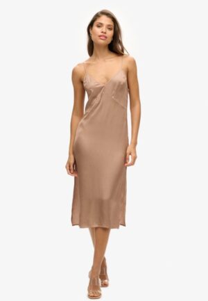 Satijnen Cami Midi-jurk Bruin Grootte: 42
