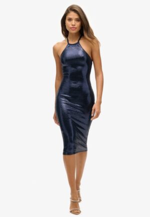 Midi-jurk met Lovertjes en Halternek Blauw Grootte: 40