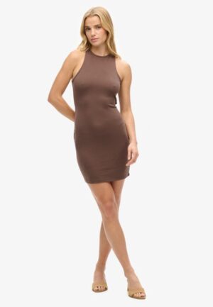 Jersey Mini-jurk met Gekruiste Bandjes Bruin Grootte: 36