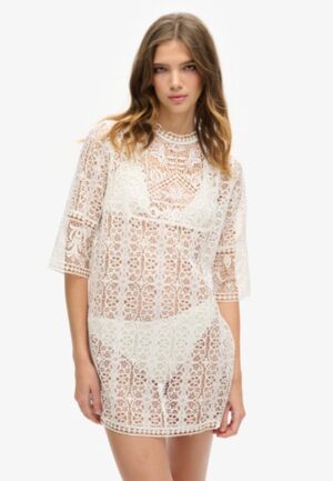 Beach Cover Up Mini-jurk met Kanten Details Crème Grootte: 6-8