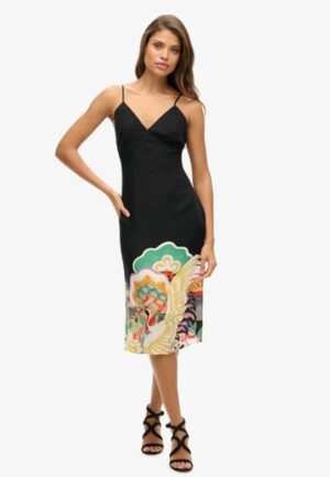 Halflange Cami-slipjurk met Print Zwart Grootte: 36