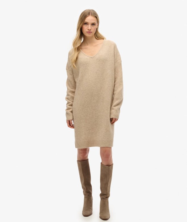 Oversized Trui-jurk met V-hals Beige Grootte: 44