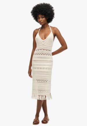 Gehaakte Midi-jurk met Kwastjes White Grootte: 38