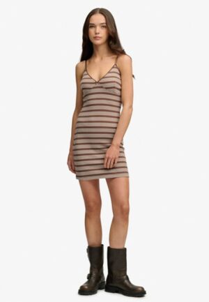 Gestreepte Ribjersey Minijurk Brown Grootte: 38