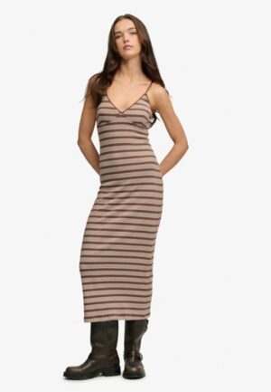 Gestreepte Ribjersey Maxi-jurk Brown Grootte: 34