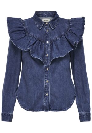 Only Onlindigo Ls Frill Dnm Shirt Qyt Noos Blouse Dark Blue Denim