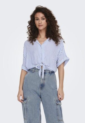 Only Onlpaula Life S/s Tie Shirt Wvn Noos Blouse Cloud Dancer Blue Stripes