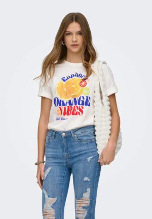Only Onlbolette Life S/s Top Box Cc Jrs T-shirt Korte Mouw 4936979 Cloud Dancer Orange Vibes