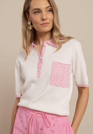 Studio Anneloes Jemy Crochet Polo 13915 Poloshirts 1744 Ecru /pop Pink