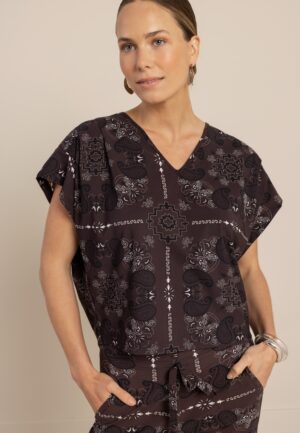 Studio Anneloes Renske Paisley Vneck Top 13749 T-shirt Korte Mouw 8714 Espresso/kit
