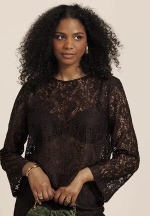 Studio Anneloes Amaya Lace Top 13757 T-shirt Lange Mouw 8700 Espresso
