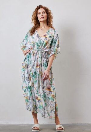 Kaftan long Offwhite with Palm festival print