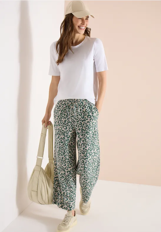 7/8 Wide Legs broek van linnenmix met luipaardprint