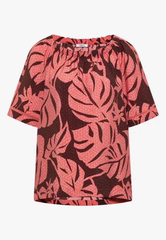 Carmen blouse met korte mouwen en bladprint - Afbeelding 2