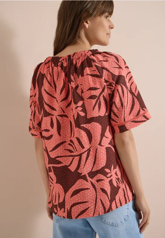 Carmen blouse met korte mouwen en bladprint - Afbeelding 3