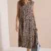 Midi-jurk met split in de hals en luipaardprint