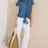 Overhemdblouse met afhangende schouders in denimlook